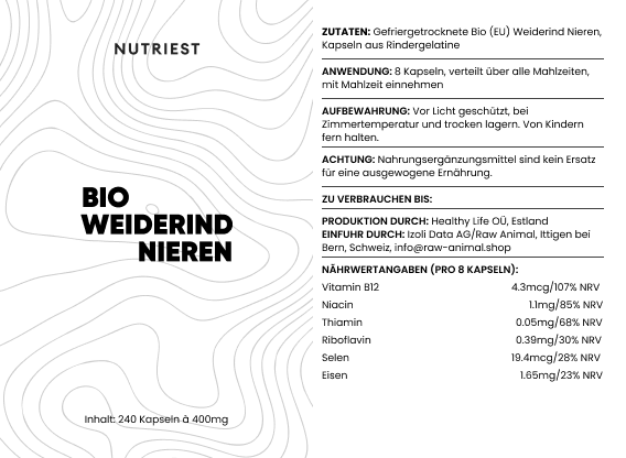 Rognon de bœuf de pâturage biologique séché en capsules
