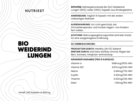Poumons de bœuf nourri à l'herbe biologique séchés en capsules