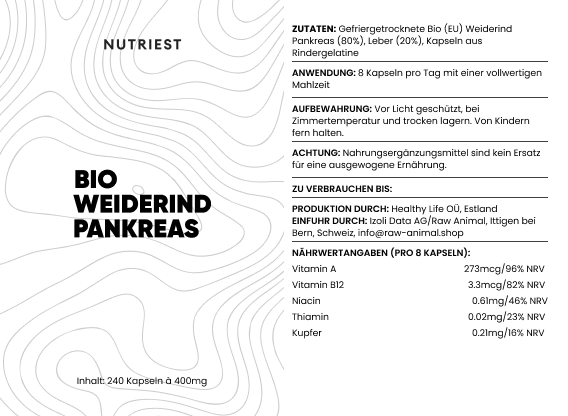 Pancréas de bœuf biologique nourri à l'herbe séché en capsules
