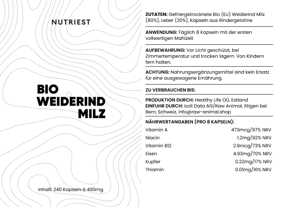 Rate de bœuf biologique nourri à l'herbe séchée en capsules