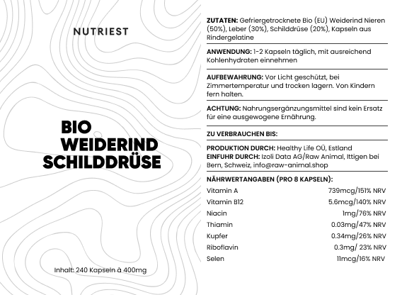 Thyroïde de bœuf biologique nourri à l'herbe séchée en capsules