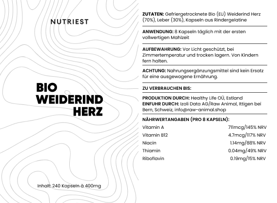 Cœur de bœuf séché biologique nourri à l'herbe en capsules