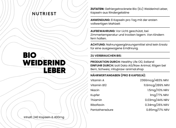 Capsules de foie de bœuf biologique séché issu d'élevages en pâturage 