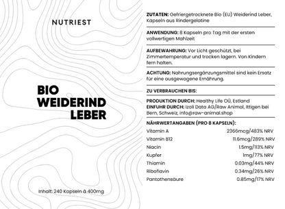 Capsules de foie de bœuf biologique séché issu d'élevages en pâturage 