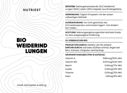 Poumons de bœuf nourri à l'herbe biologique séchés en capsules