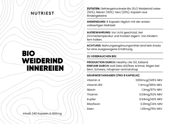 Organes de bœuf séchés biologiques nourris à l'herbe en capsules