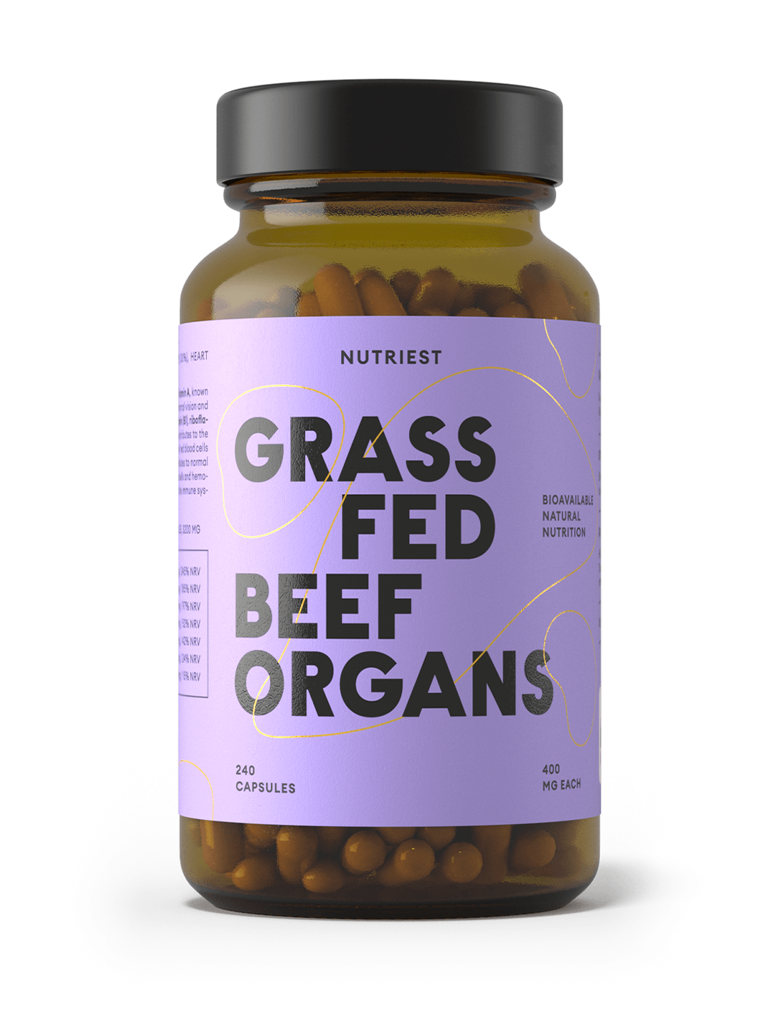 Organes de bœuf séchés biologiques nourris à l'herbe en capsules