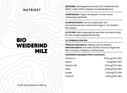 Rate de bœuf biologique nourri à l'herbe séchée en capsules