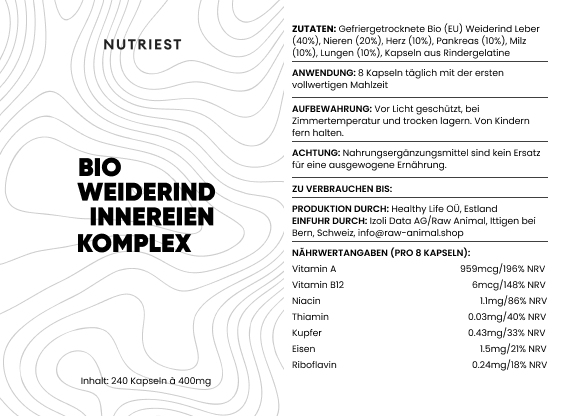 Complexe ultime d'organes de bœuf biologique séché nourri à l'herbe en capsules