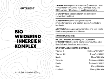 Complexe ultime d'organes de bœuf biologique séché nourri à l'herbe en capsules